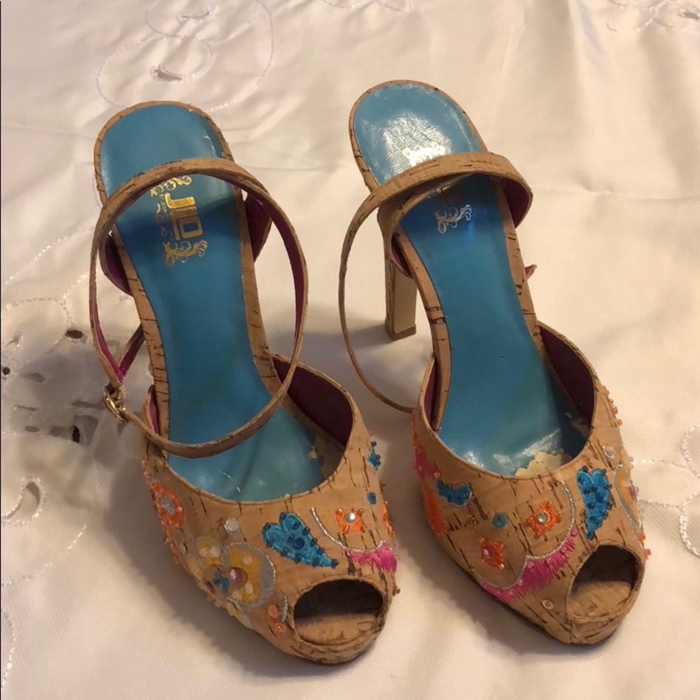 JLo Embroidered Cork Heels